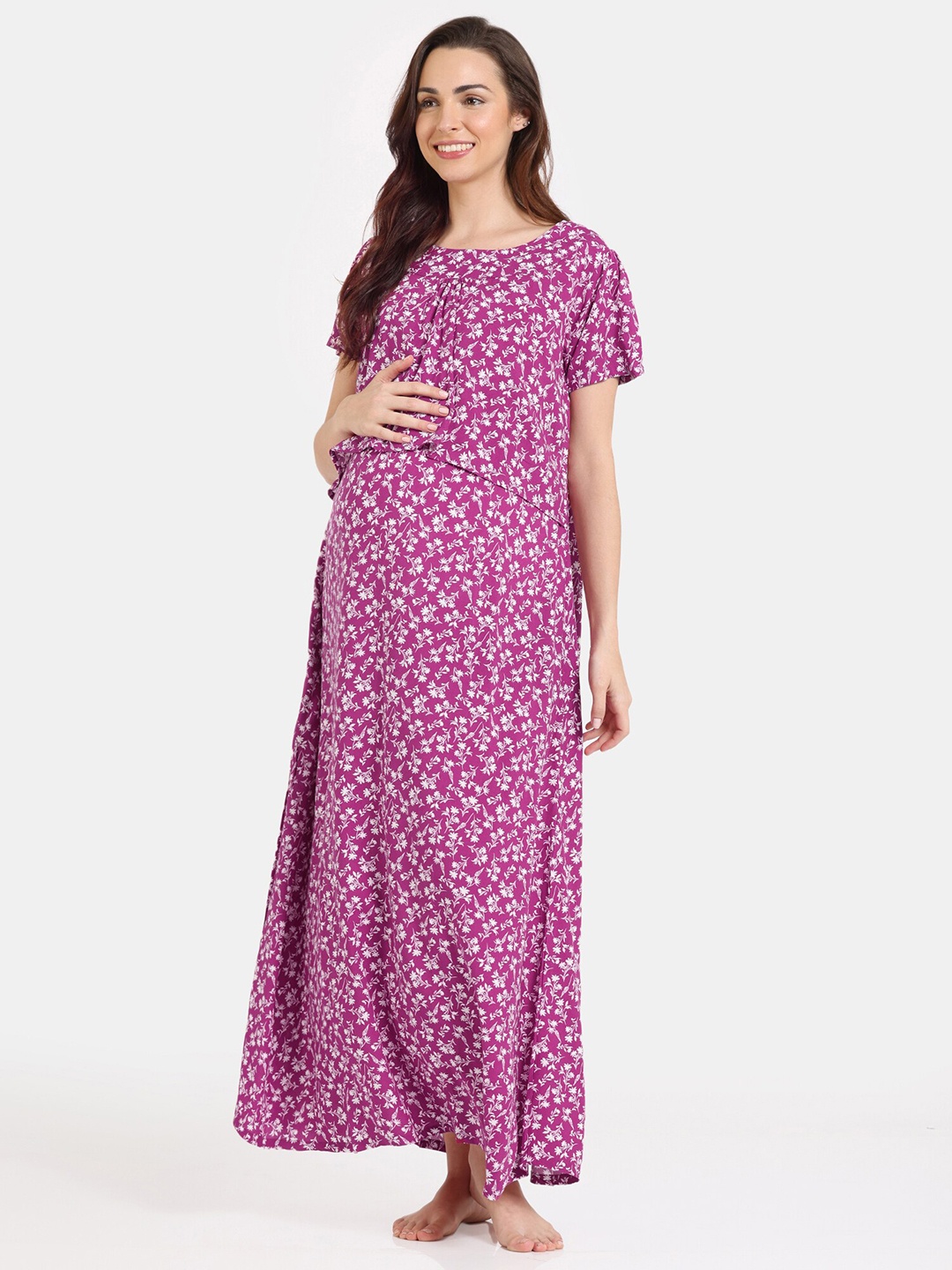 

Coucou by Zivame Floral Printed Maternity Maxi Nightdress, Purple