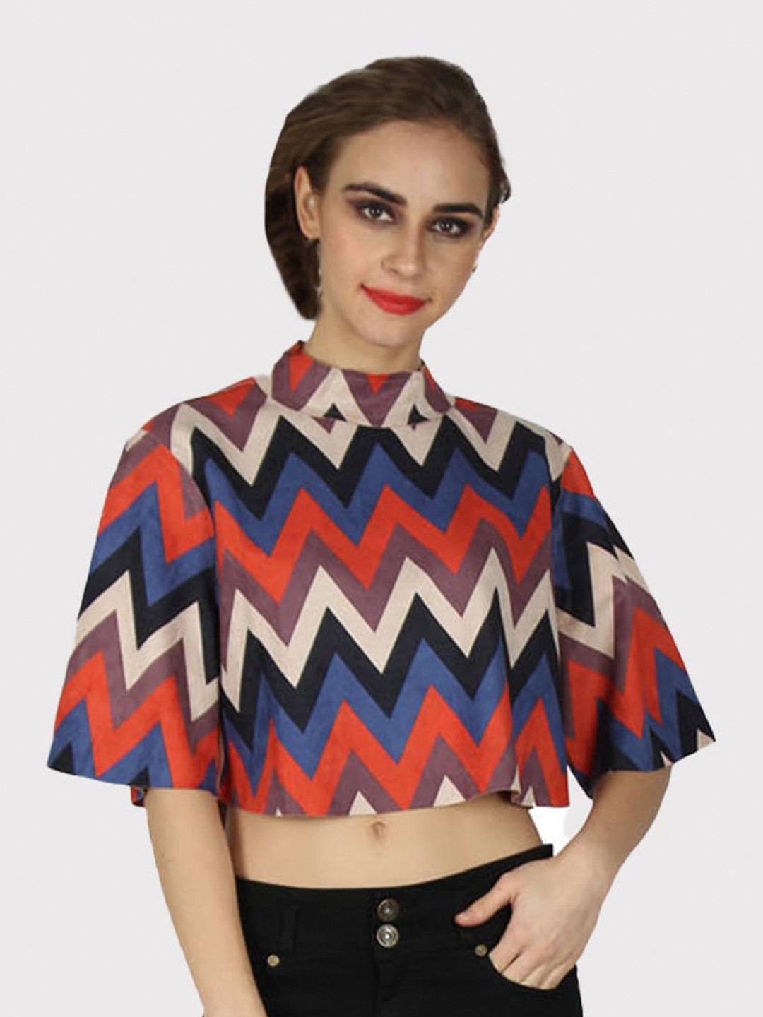 

urSense Geometric Printed Flared Sleeve Velvet Boxy Crop Top, Blue