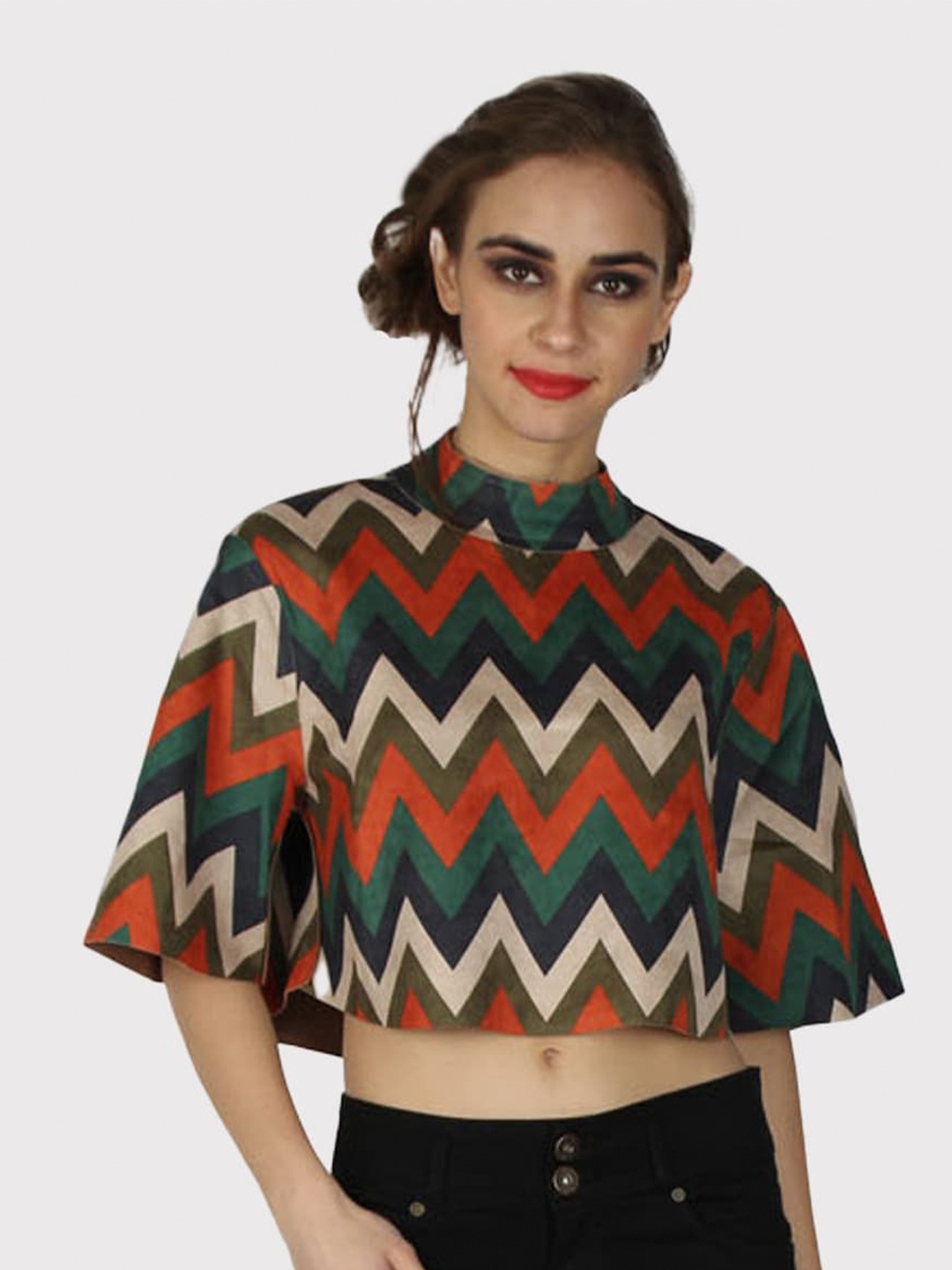 

urSense Geometric Printed Flared Sleeve Velvet Boxy Crop Top, Green