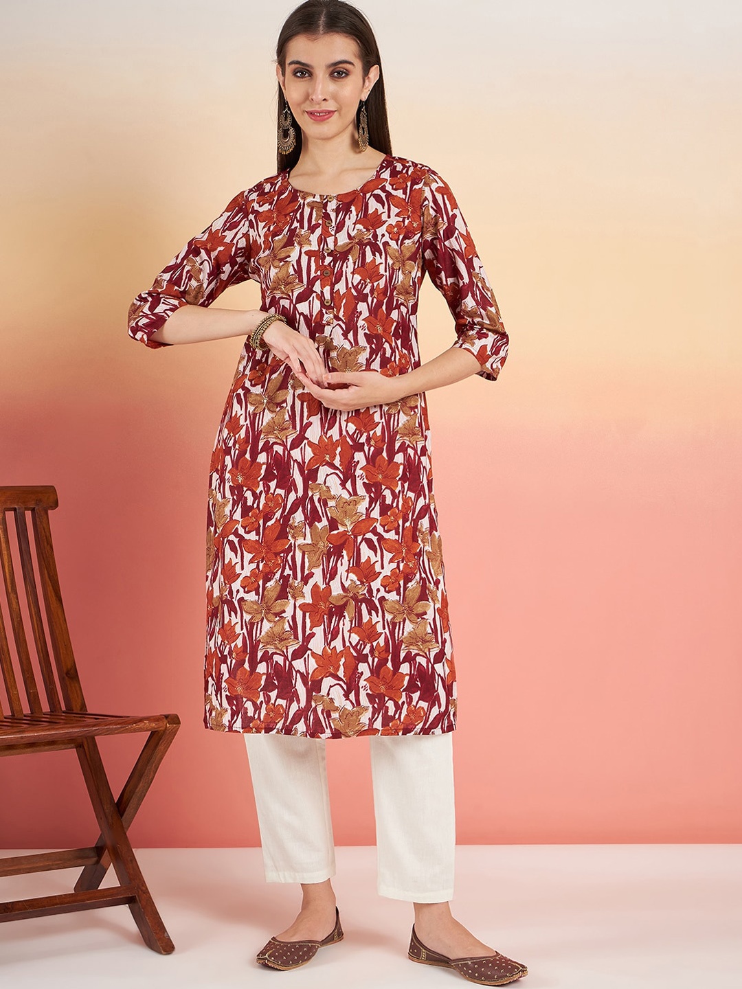 

Sangria Floral Printed Pure Cotton Straight Kurta, Maroon