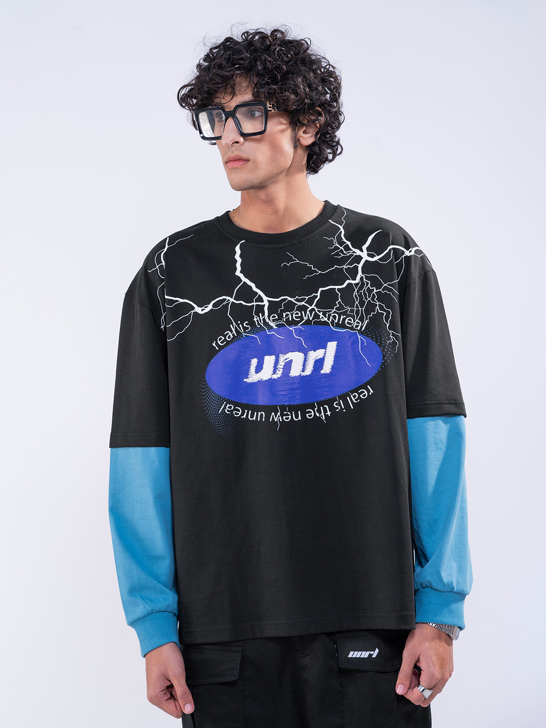 

UNRL Men Printed Relaxed Fit Pure Cotton T-shirt, Black