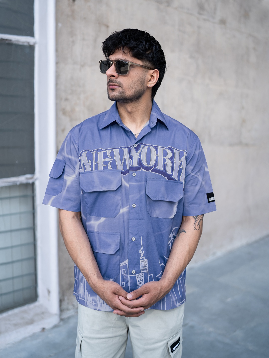 

UNRL Printed Pocket Detail Pure Cotton Casual Shirt, Blue