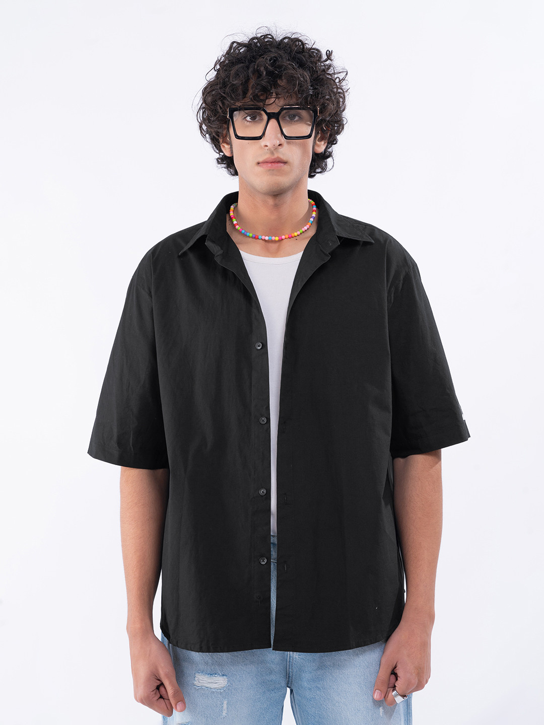 

UNRL Cotton Back Print Oversized Shirt, Black