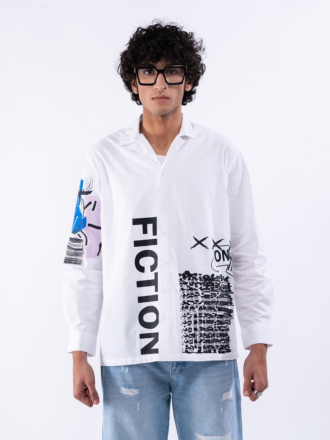 

UNRL Pure Cotton Graphic Printed Casual Shirt, White