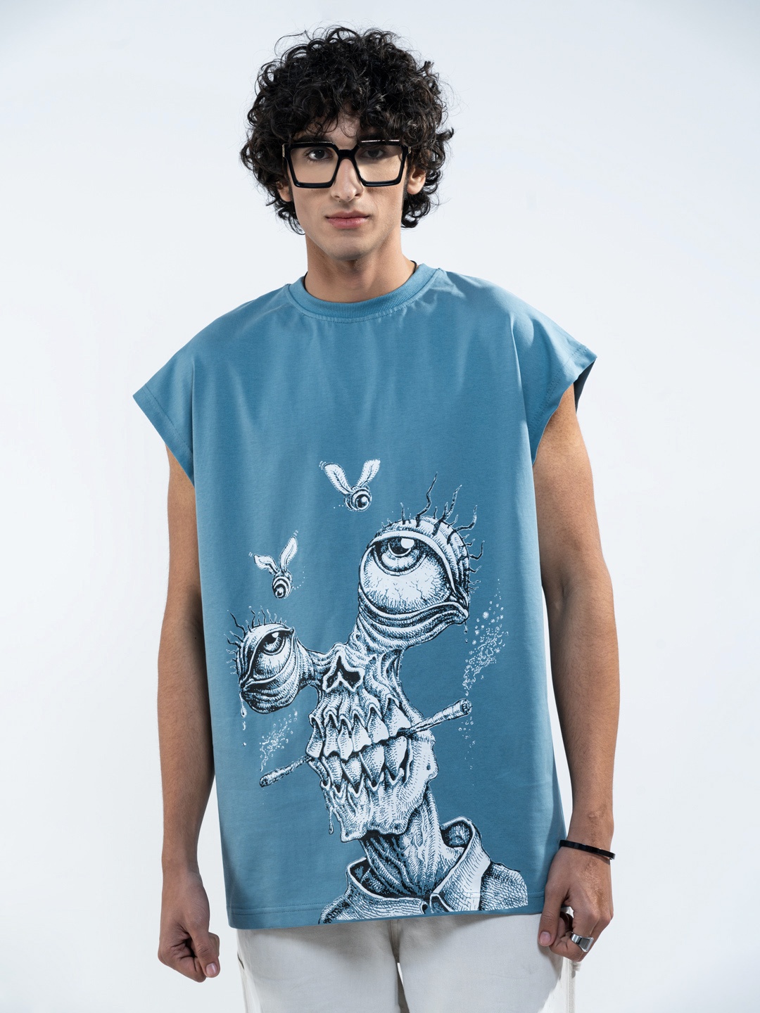 

UNRL Men Printed Relaxed Fit Pure Cotton T-shirt, Blue