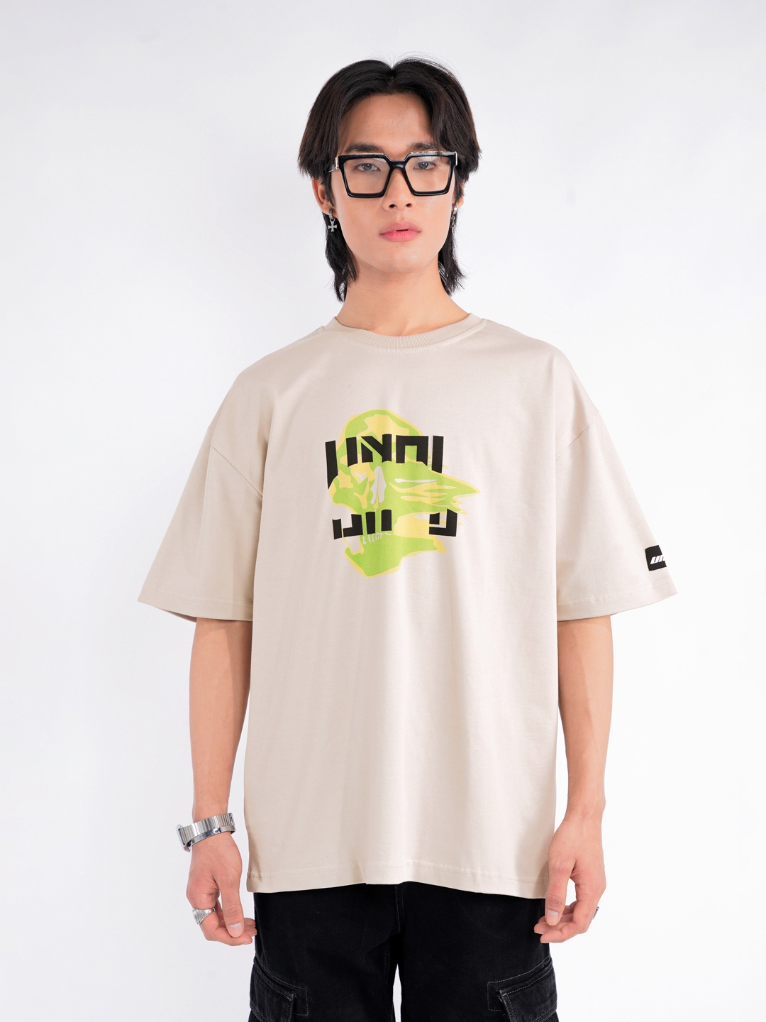 UNRL Men Typography Printed Relaxed Fit Pure Cotton T-shirt, Taupe