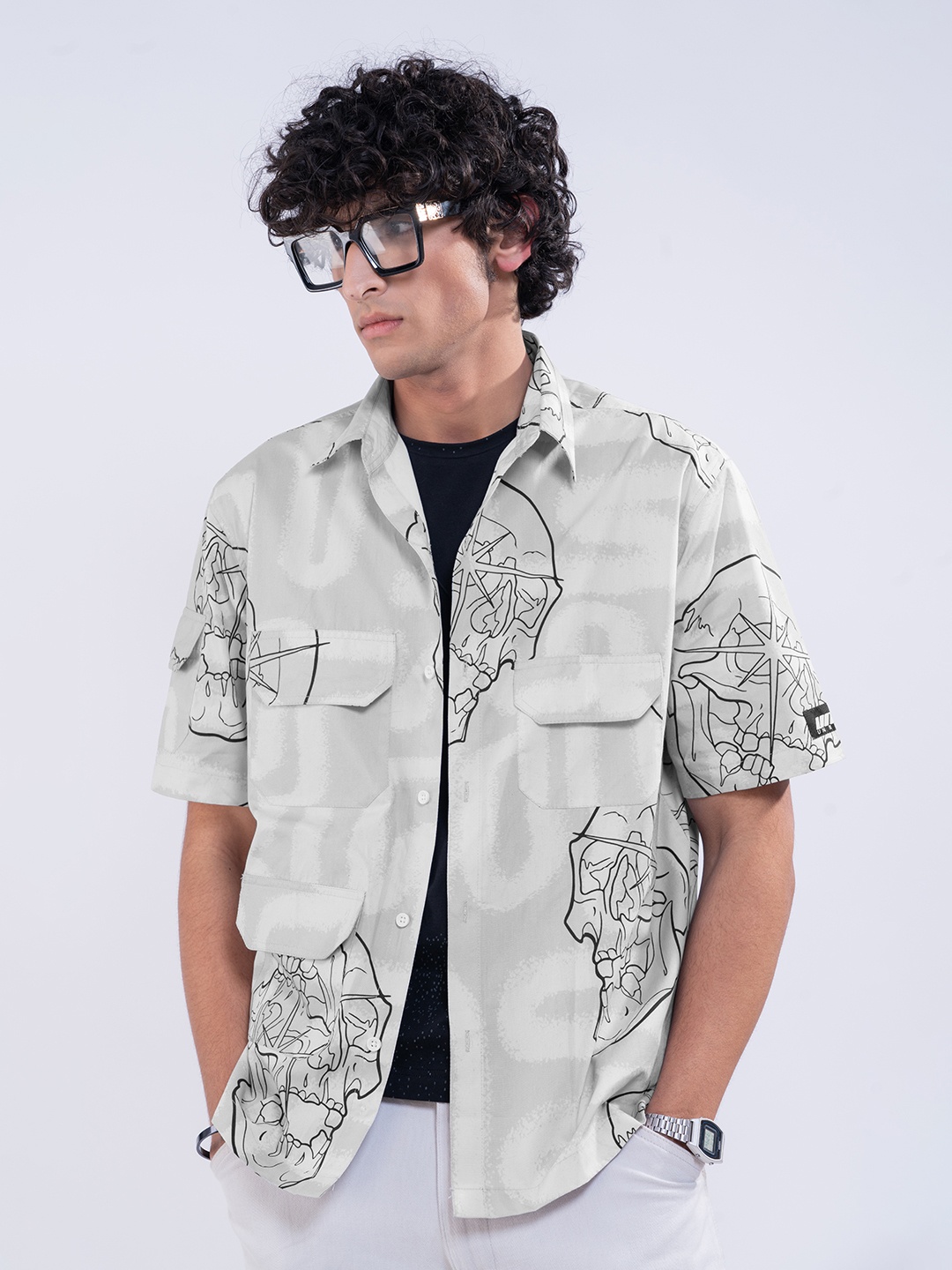 

UNRL Conversational Printed Pocket Detail Casual Shirt, Grey