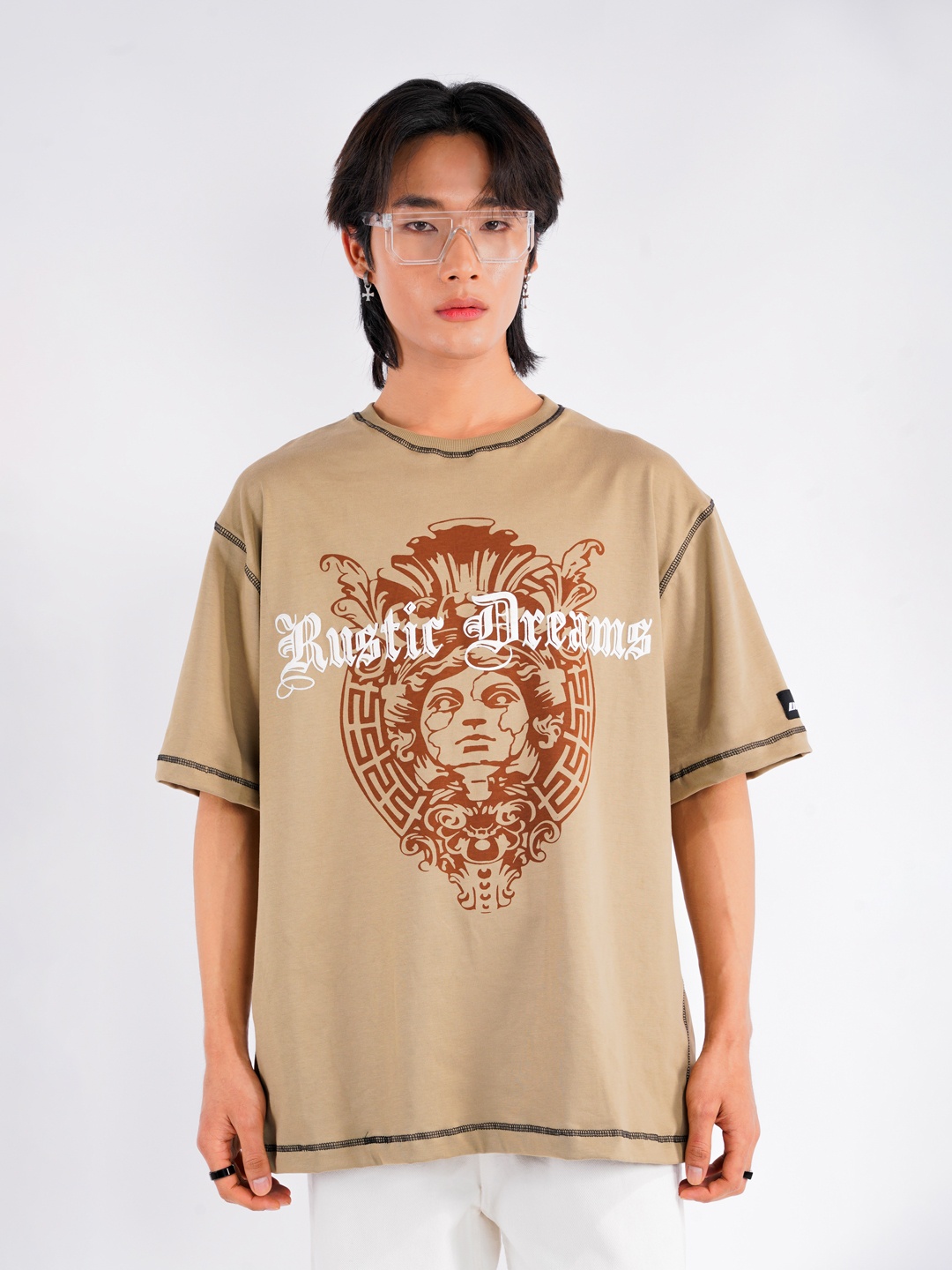 

UNRL Printed Drop-Shoulder Sleeves Pure Cotton Relaxed Fit Longline T-shirt, Brown