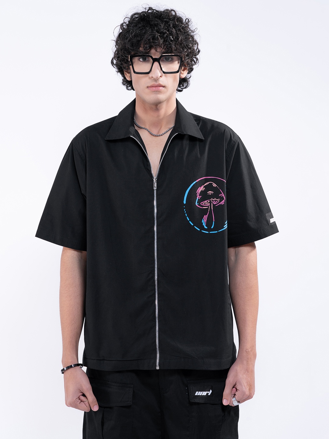 

UNRL Graphic Printed Cotton Casual Shirt, Navy blue