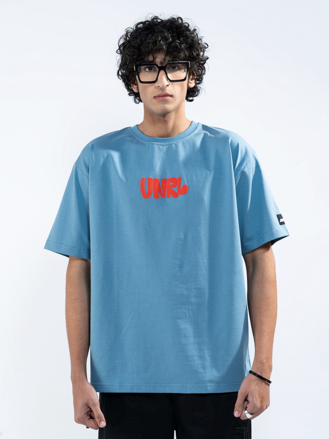 

UNRL Men Printed Relaxed Fit Pure Cotton T-shirt, Blue