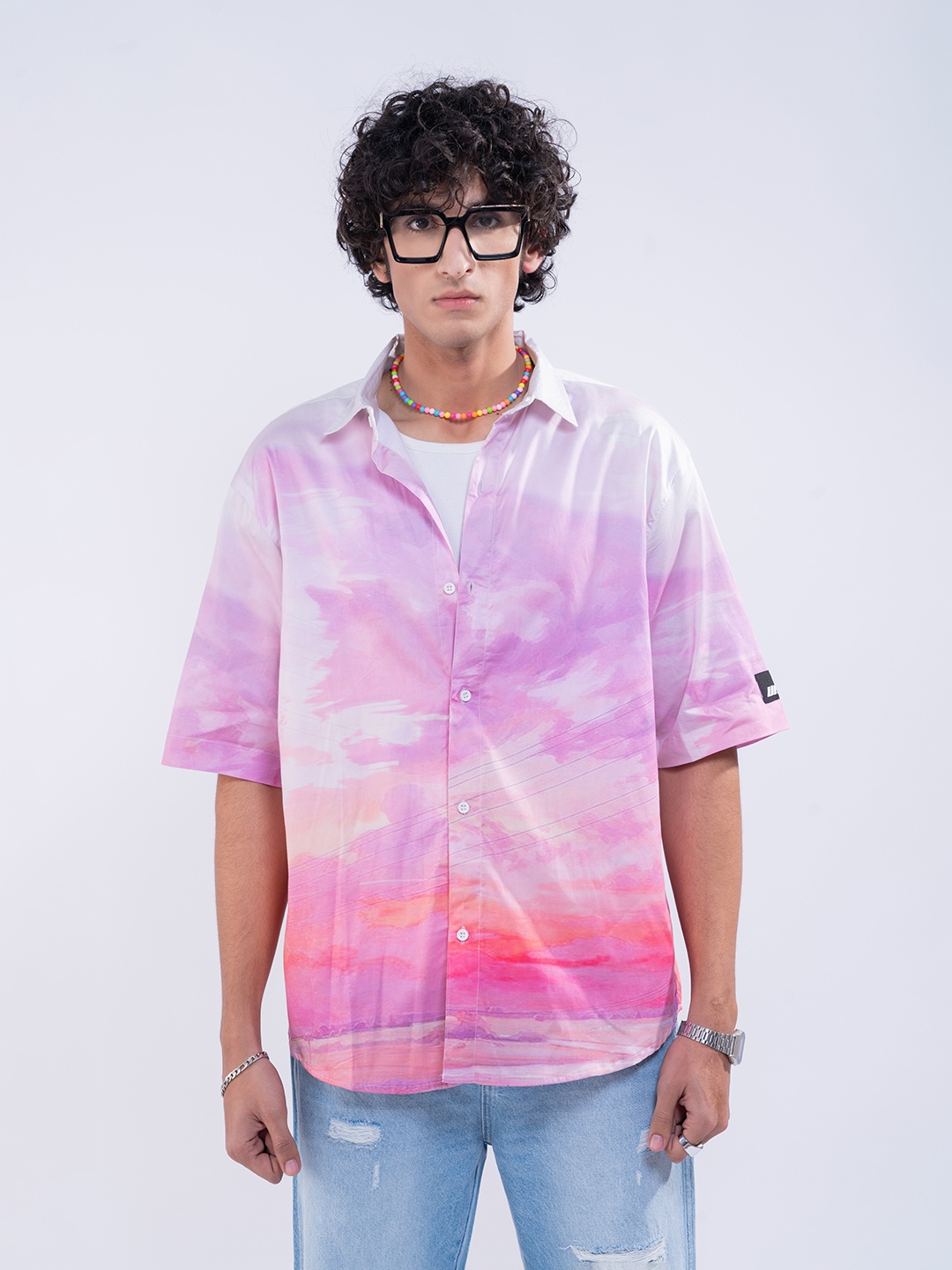 

UNRL Cotton Printed Oversized Shirt, Pink