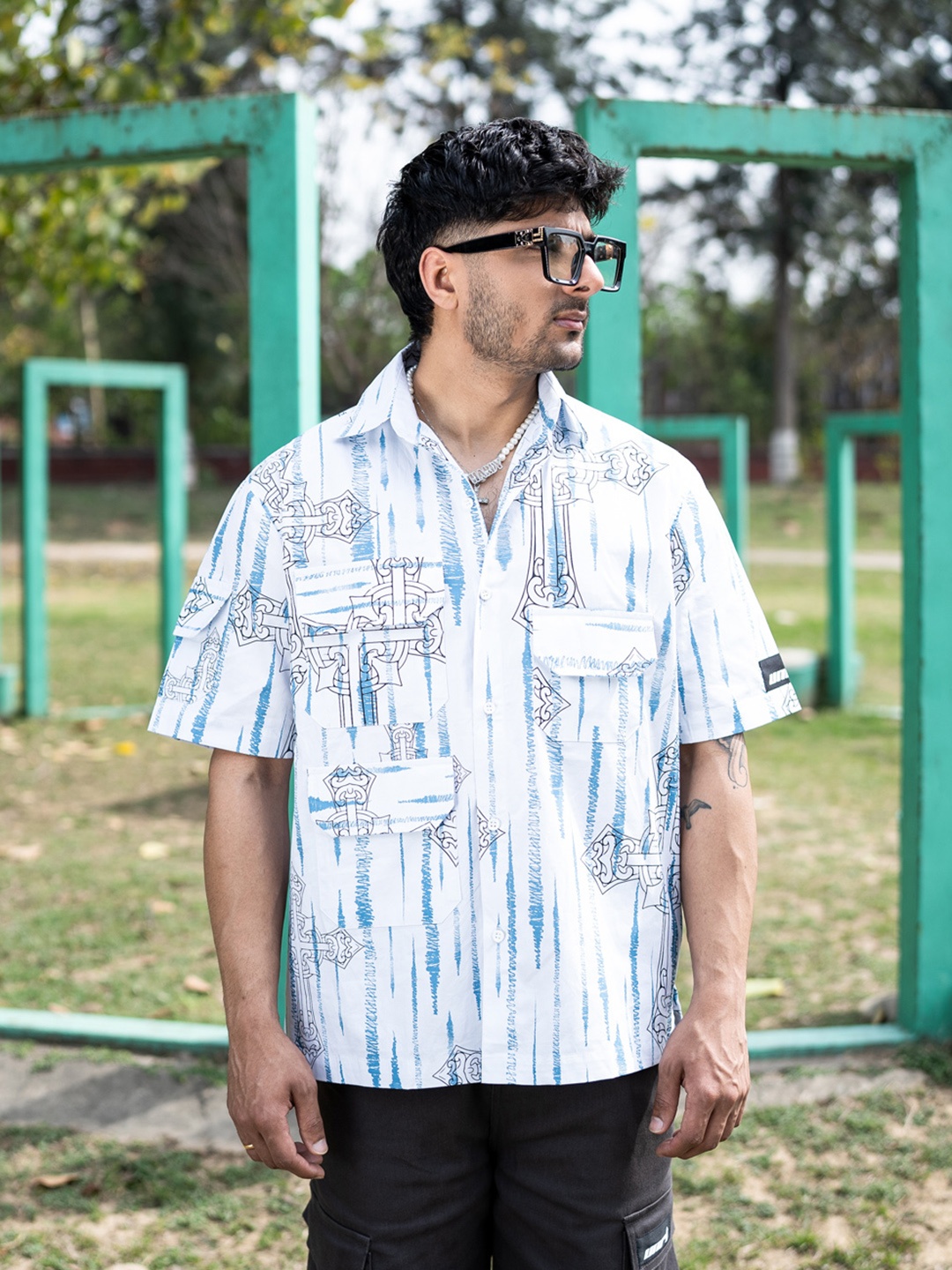 

UNRL Printed Pure Cotton Pocket Detail Casual Shirt, White