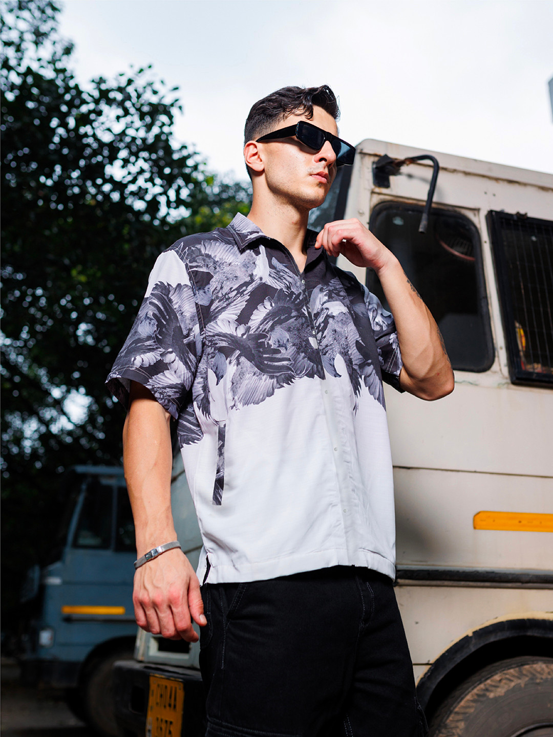 

UNRL Graphic Printed Cotton Casual Shirt, Grey