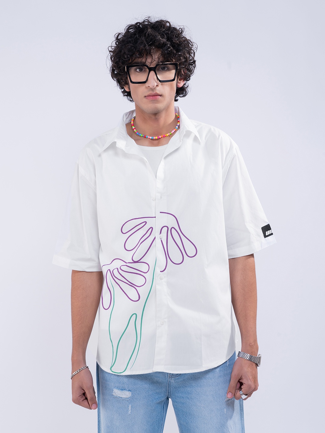 

UNRL Cotton Printed Oversized Shirt, White