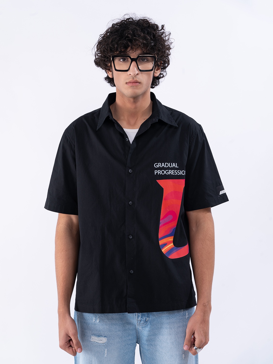 

UNRL Cotton Printed Casual Shirt, Black