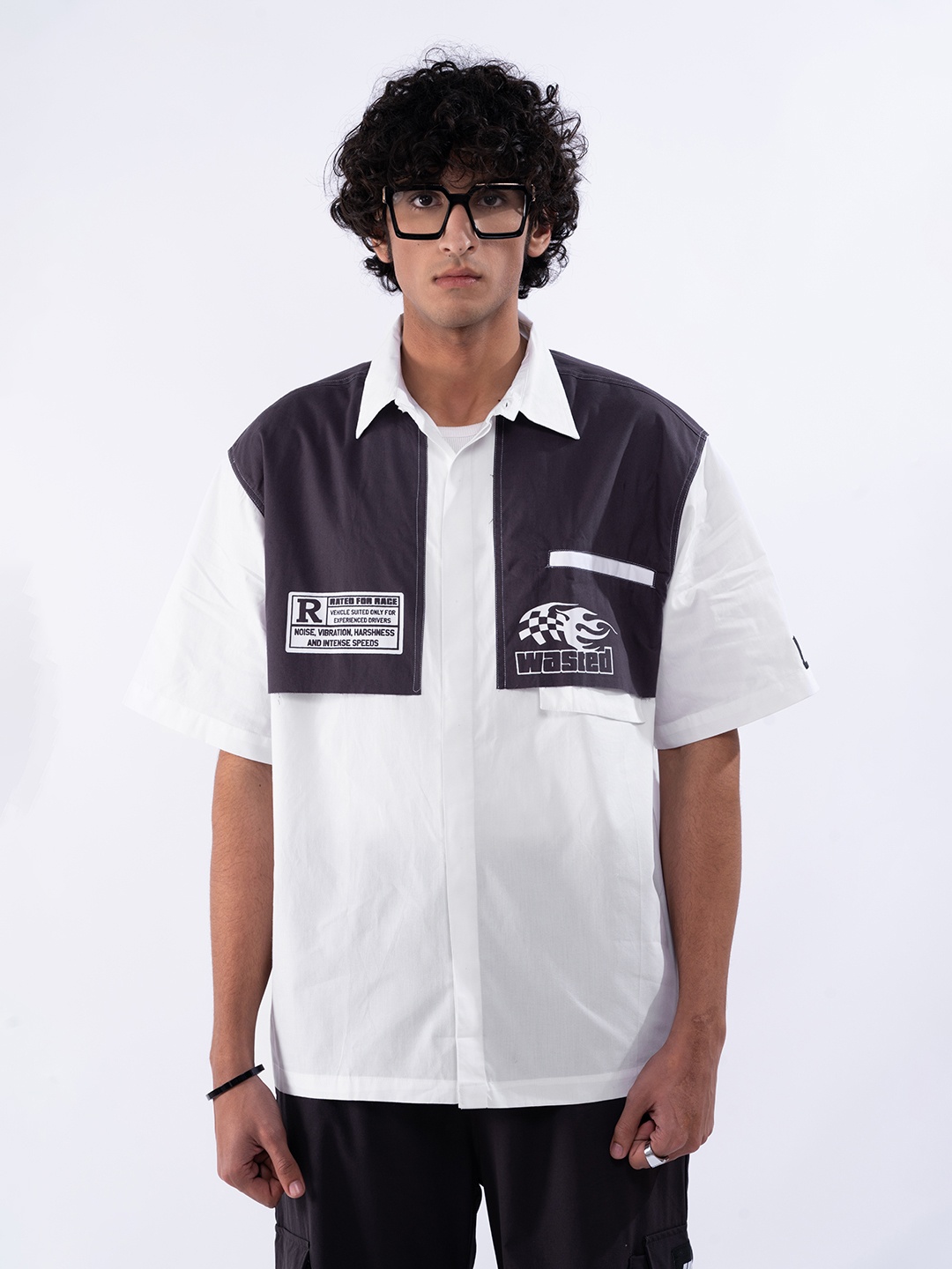 

UNRL Cotton Colourblocked Oversized Shirt, White