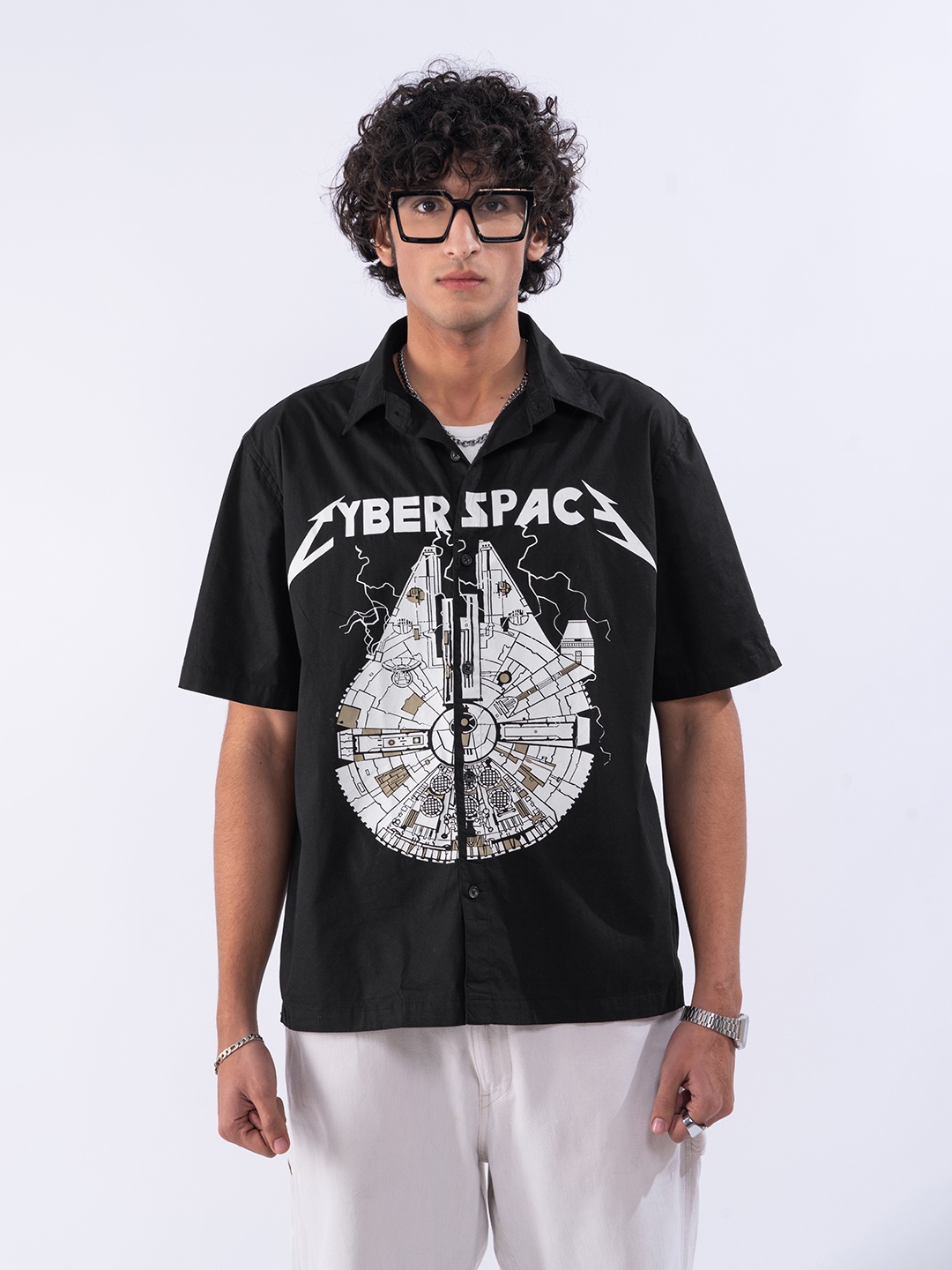 

UNRL Cotton Printed Oversized Shirt, Black
