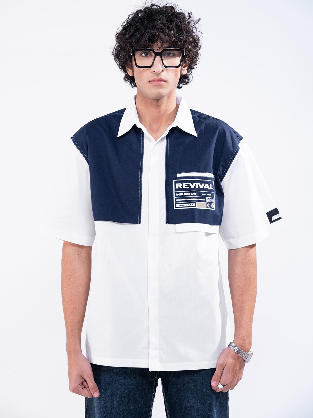 

UNRL Pure Cotton Colourblocked Casual Shirt, White