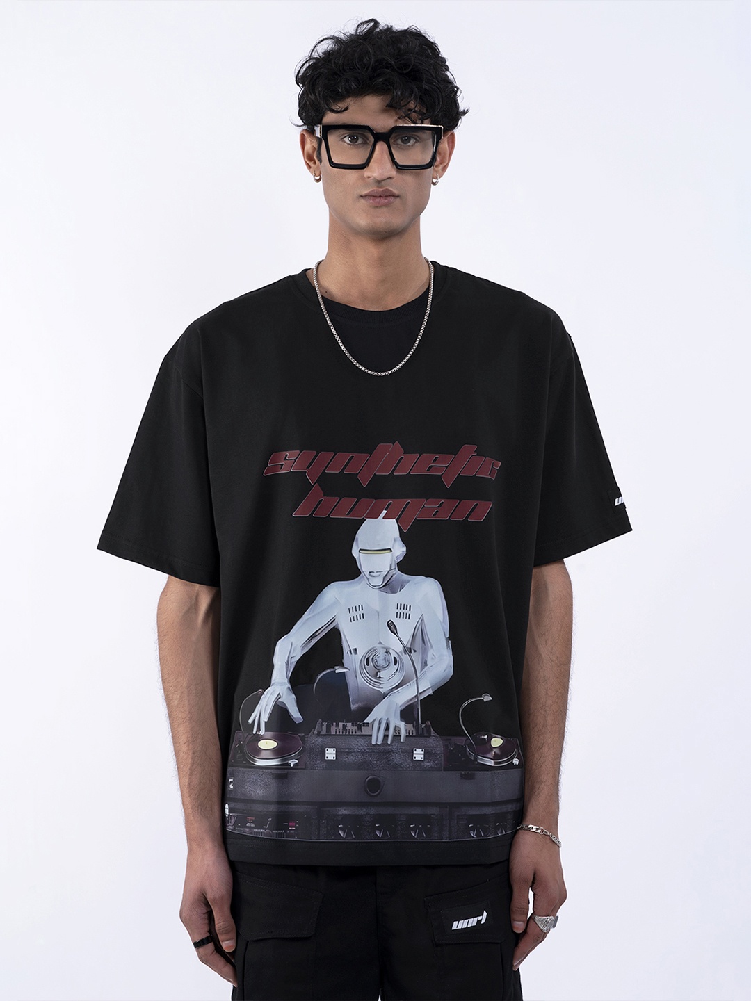 

UNRL Printed Drop-Shoulder Sleeves Pure Cotton Relaxed T-shirt, Black