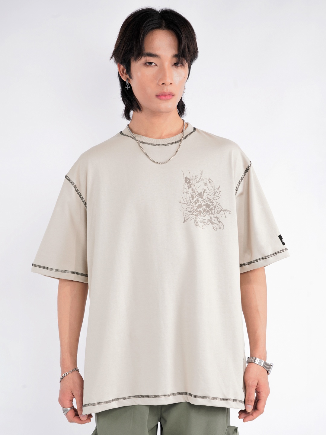 

UNRL Floral Printed Drop-Shoulder Sleeves Pure Cotton T-shirt, Beige