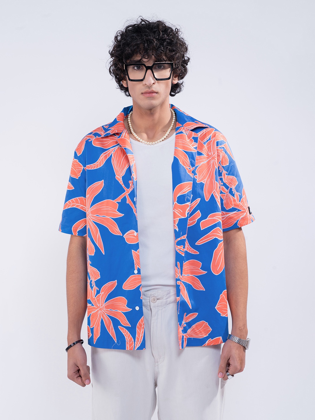 

UNRL Floral Printed Drop Shoulder Sleeves Pure Cotton Casual Shirt, Blue