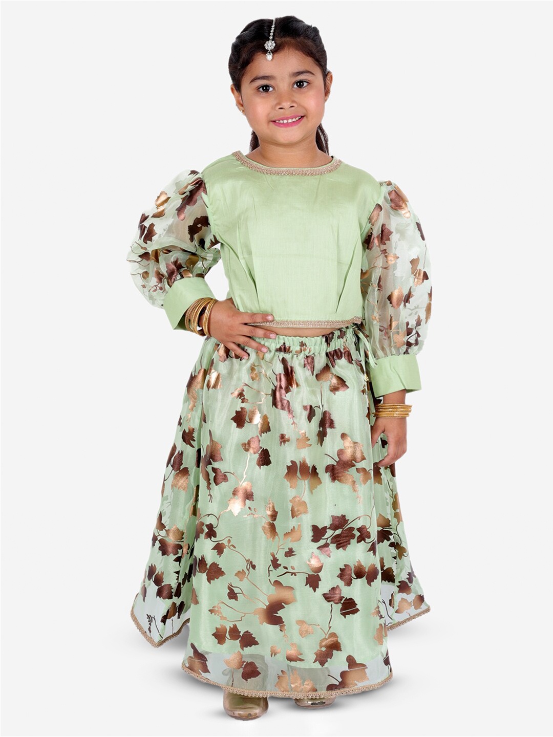 

Superminis Girls Green & Gold-Toned Ready to Wear Lehenga & Blouse