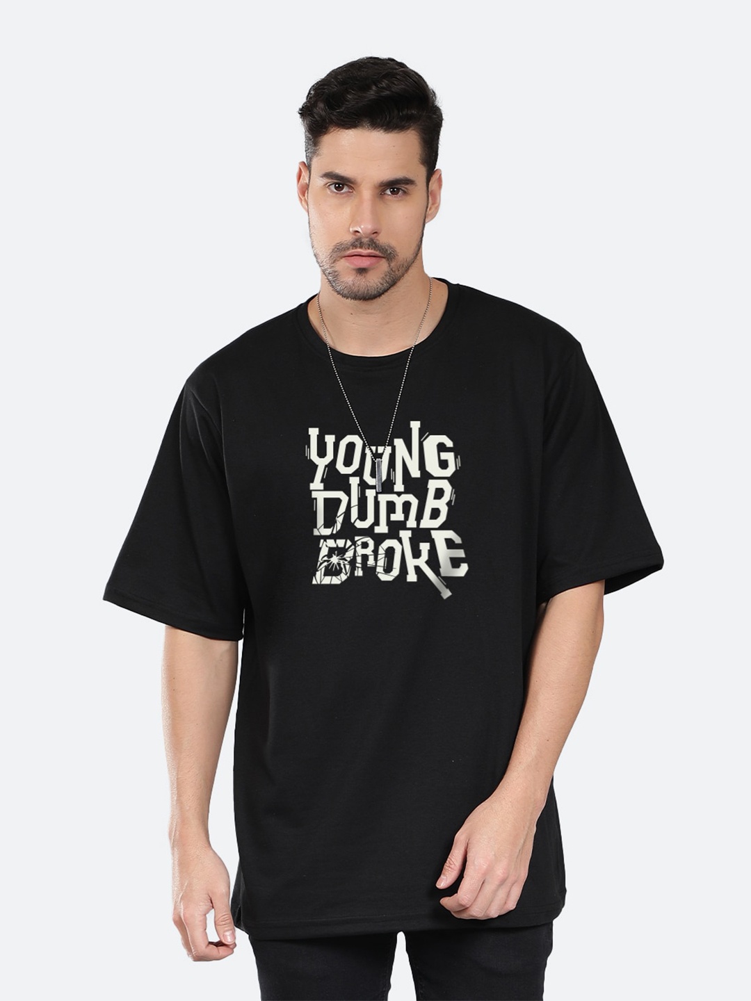 Mad Over Print Typography Printed Drop Shoulder Sleeves Cotton Oversized T-shirt, Black