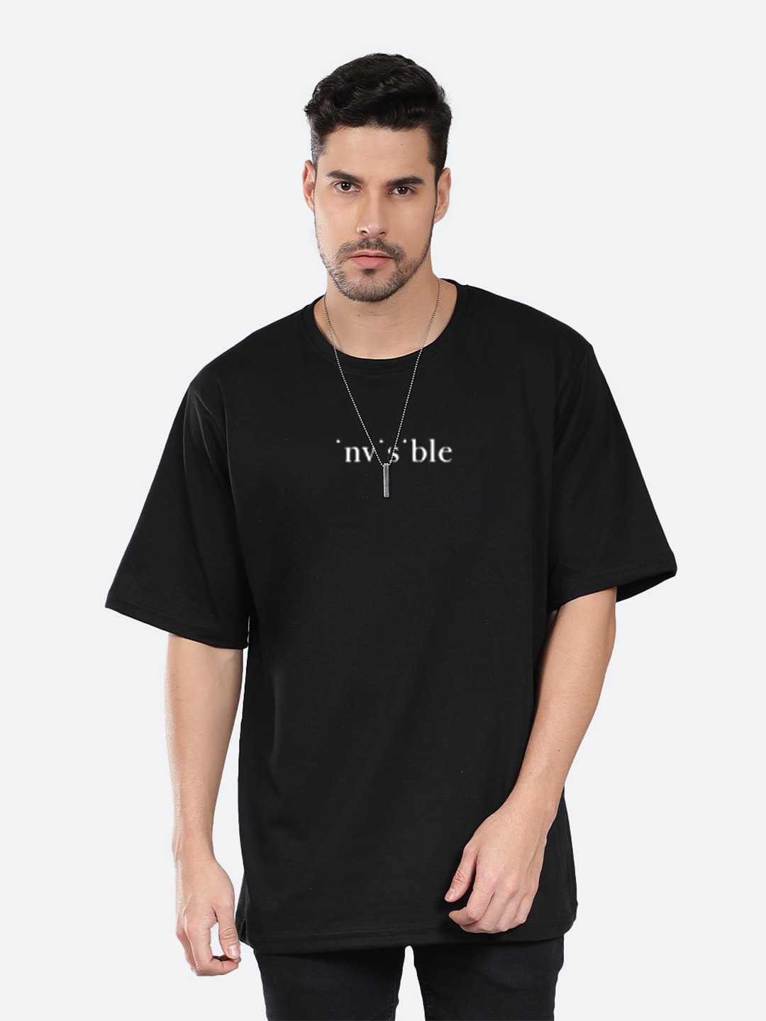 

Mad Over Print Typography Printed Drop Shoulder Sleeves Cotton Oversized T-shirt, Black