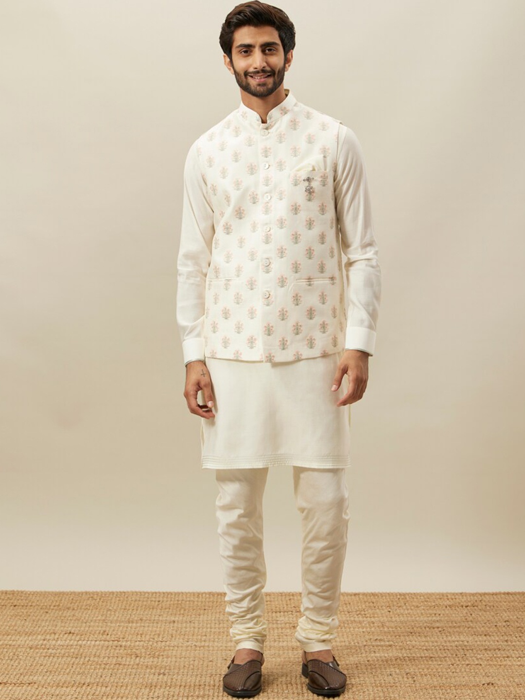 

Twamev Mandarin Collar Kurta With Churidar & Nehru Jacket, Cream