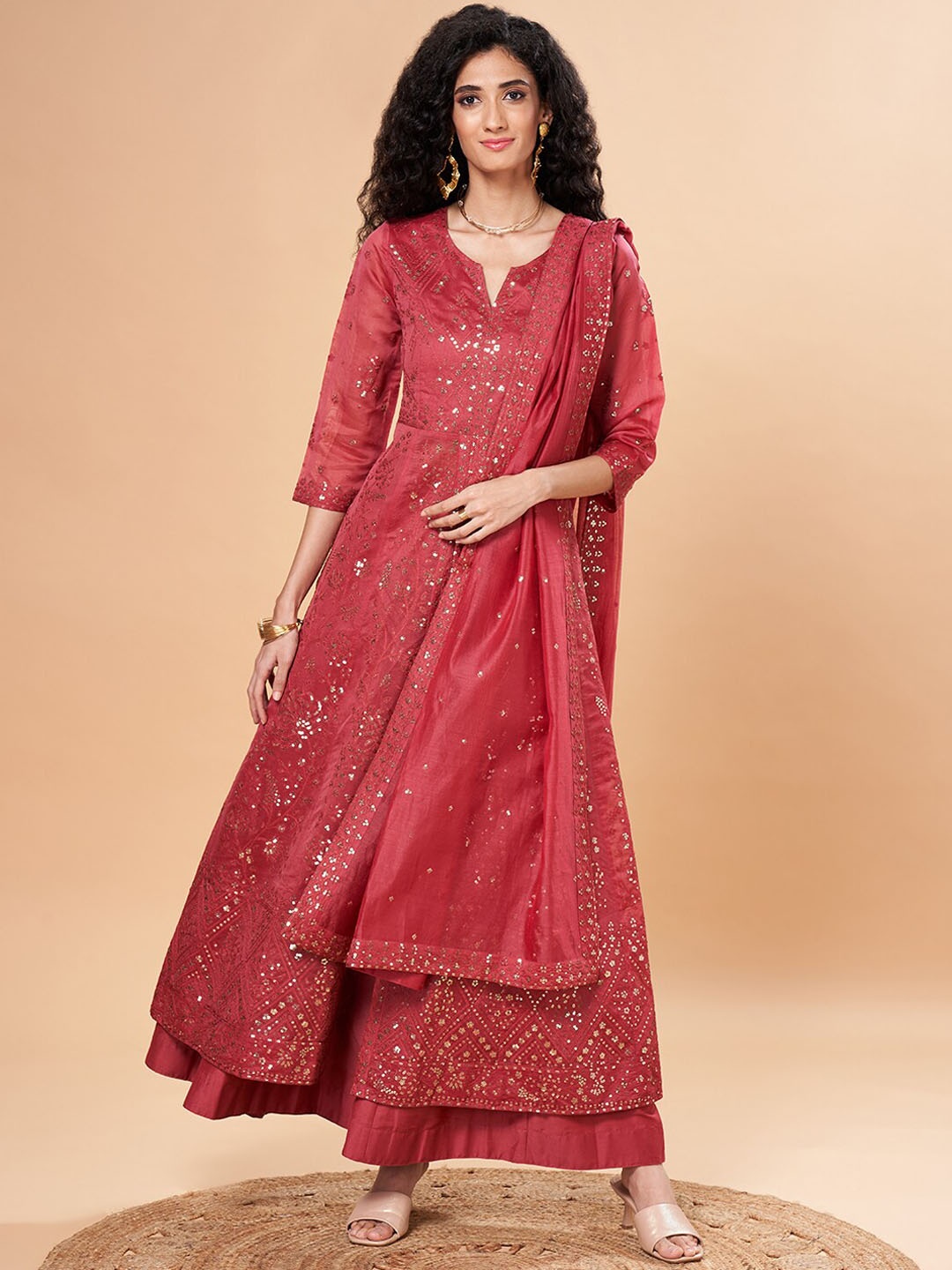 

Marigold Lane Ethnic Motifs Embroidered A-Line Kurta with Skirt & With Dupatta, Rust