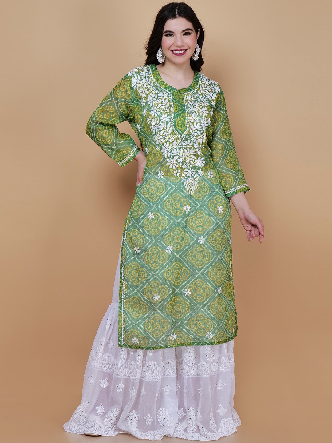 

Syrish Bandhani Printed Chikankari Cotton Straight Kurta, Green