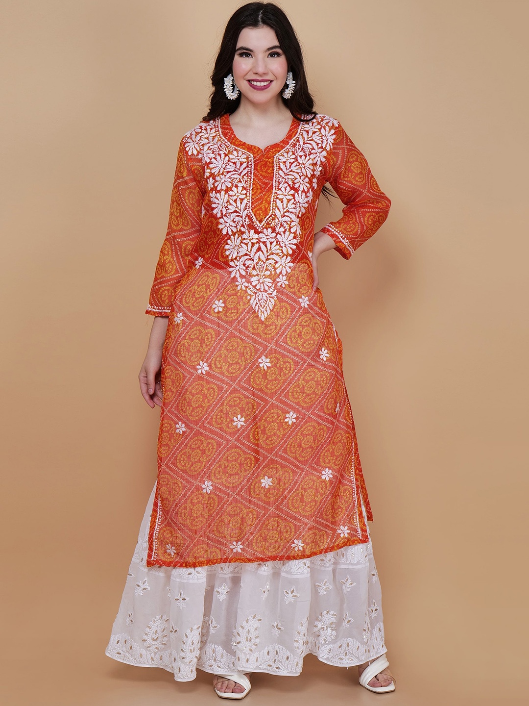 

Syrish Bandhani Printed Chikankari Cotton Straight Kurta, Orange