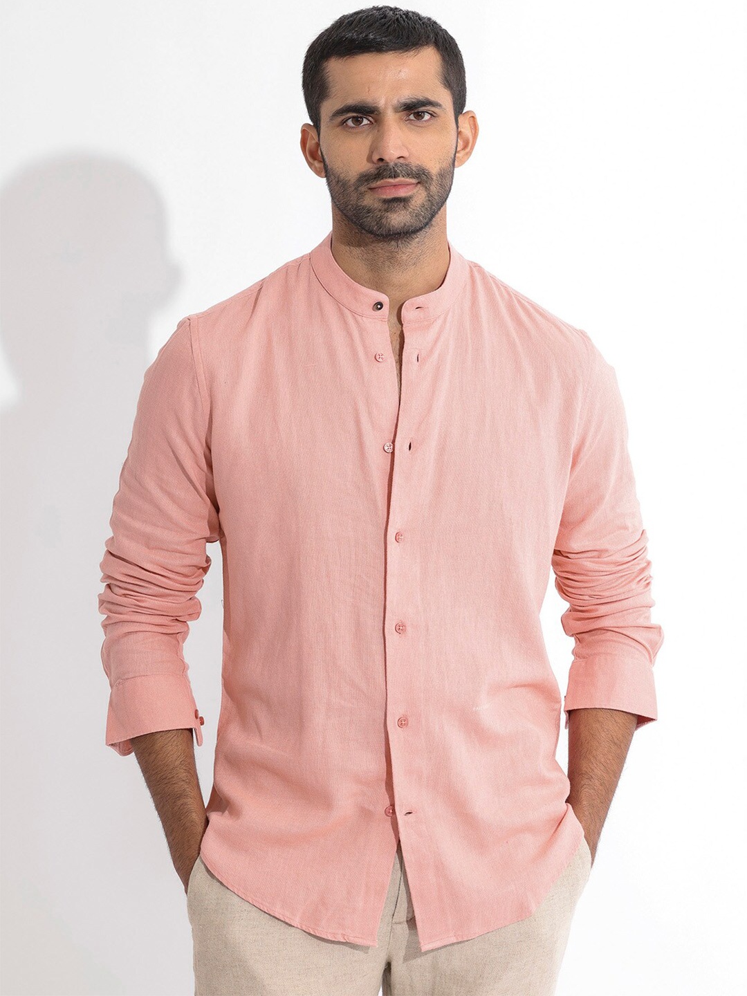 

RARE RABBIT Men Lune Slim Fit Band Collar Linen Shirt, Red