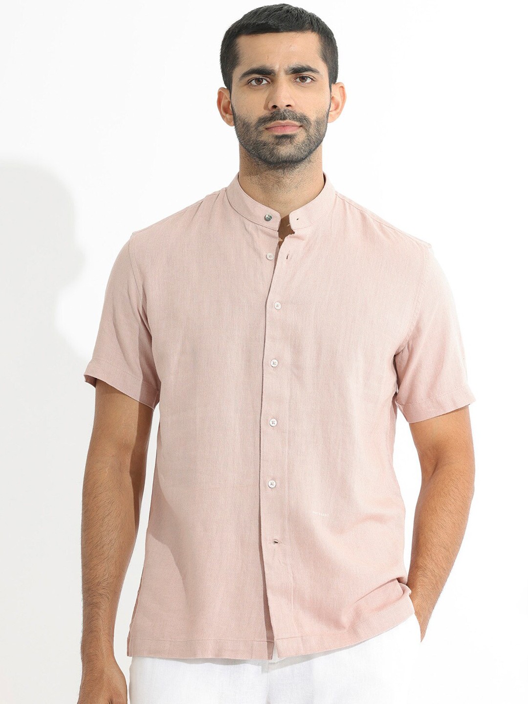 

RARE RABBIT Men Lune Slim Fit Band Collar Linen Shirt, Pink