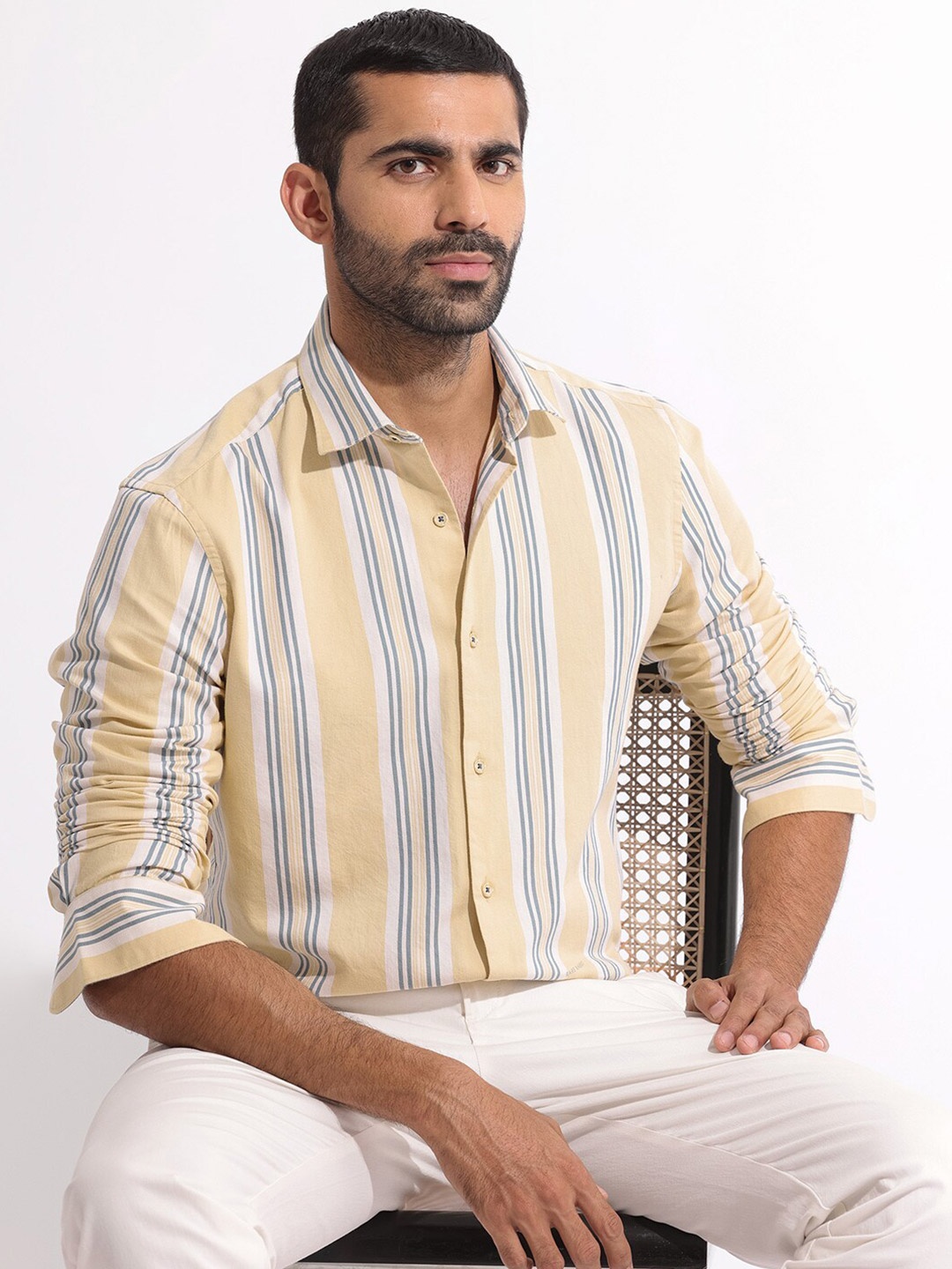

RARE RABBIT Men Purit Striped Slim Fit Classic Cotton Shirt, Yellow