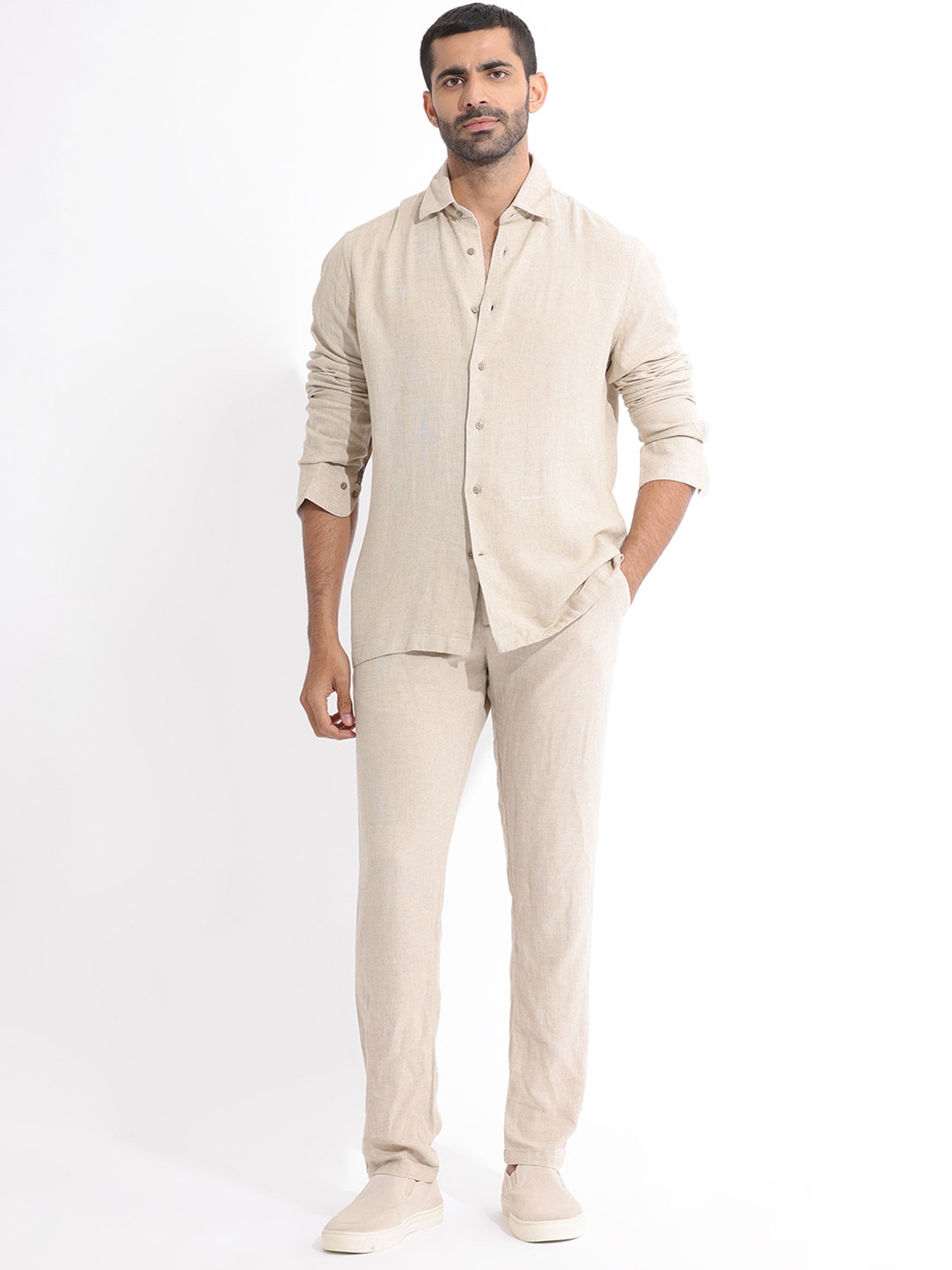 

RARE RABBIT Men Lunet Slim Fit Classic Linen Shirt, Beige