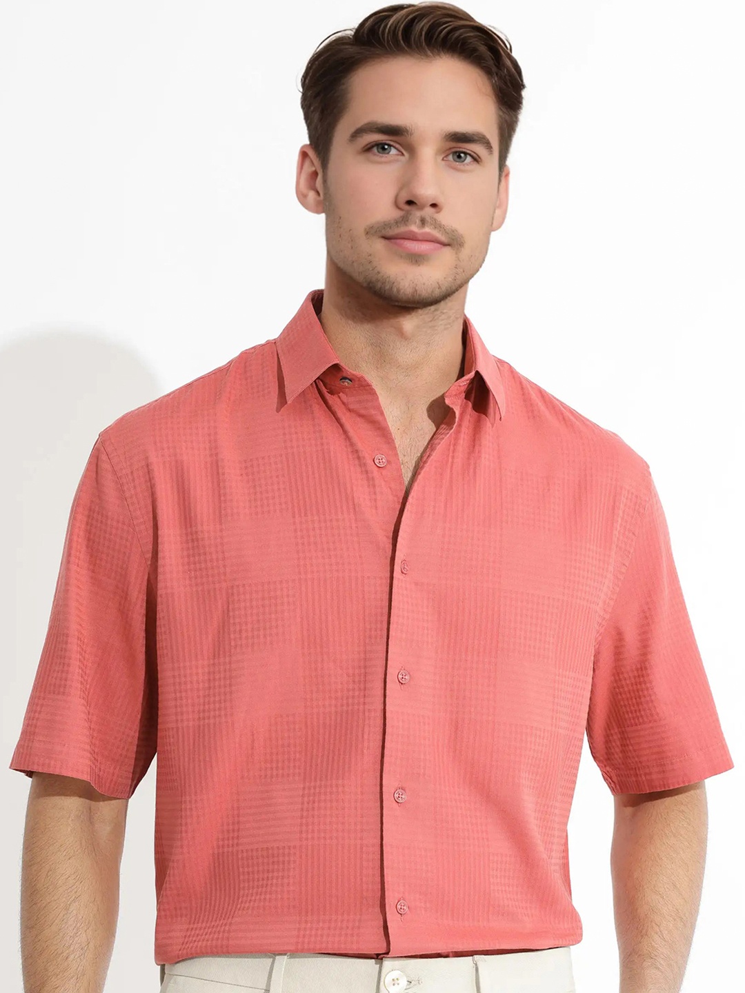

RARE RABBIT Men Pied Checked Slim Fit Classic Cotton Shirt, Rust