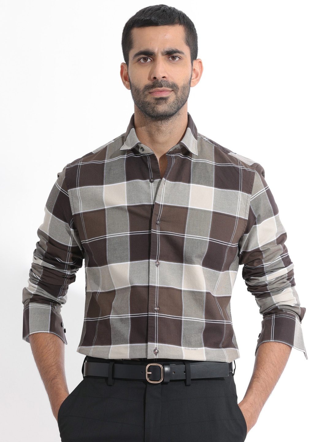 

RARE RABBIT Men Newton Checked Slim Fit Classic Cotton Shirt, Brown