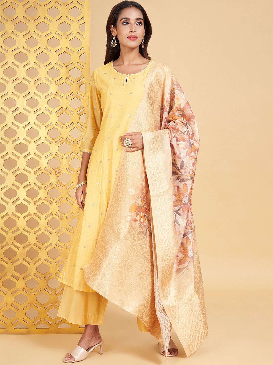 

RANGMANCH BY PANTALOONS Ethnic Motifs Embroidered A-line Kurta & Palazzos With Dupatta, Yellow