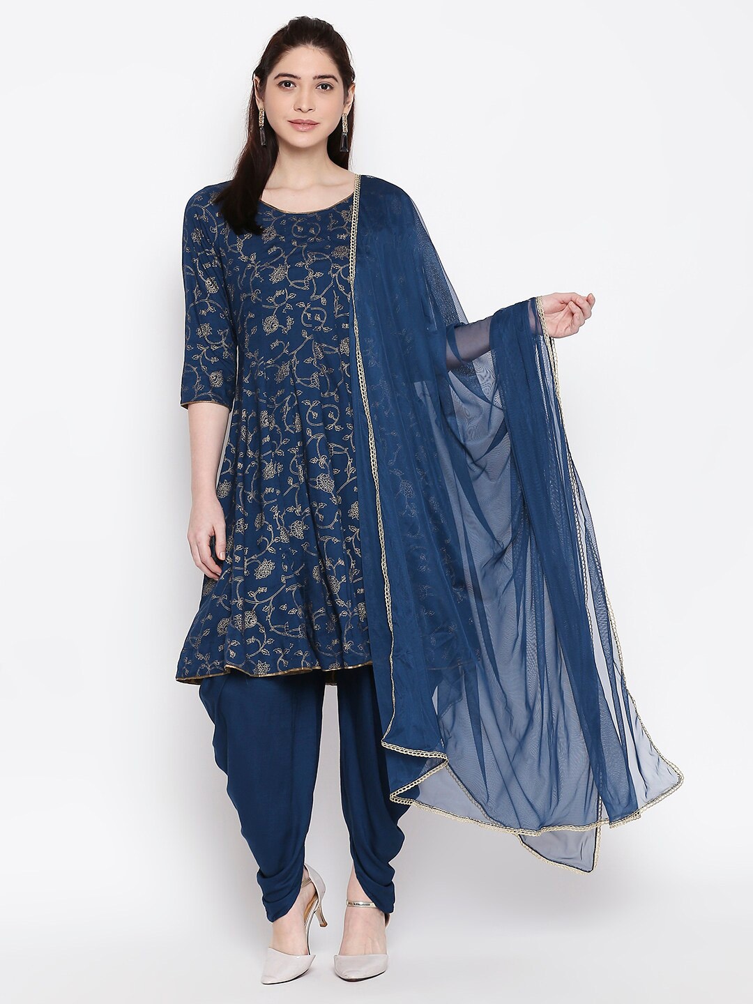 

RANGMANCH BY PANTALOONS Floral Printed Kurta With Dhoti Pants & Dupatta, Teal
