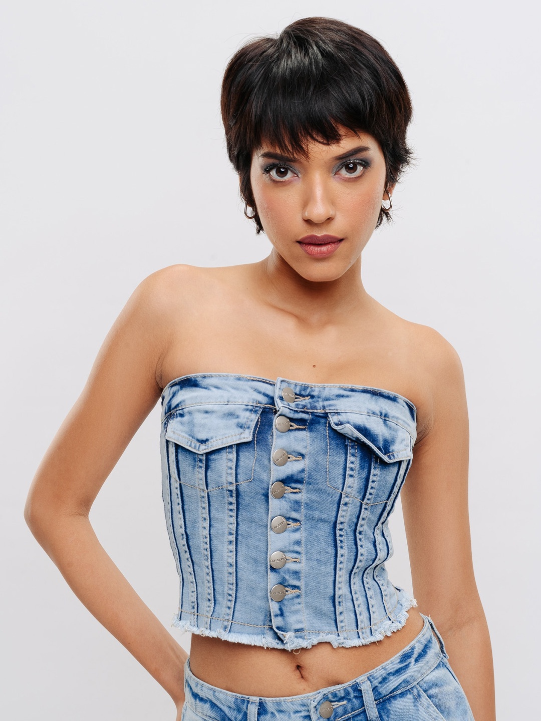 

FREAKINS Blue Smocked Frayed Denim Tube Crop Top