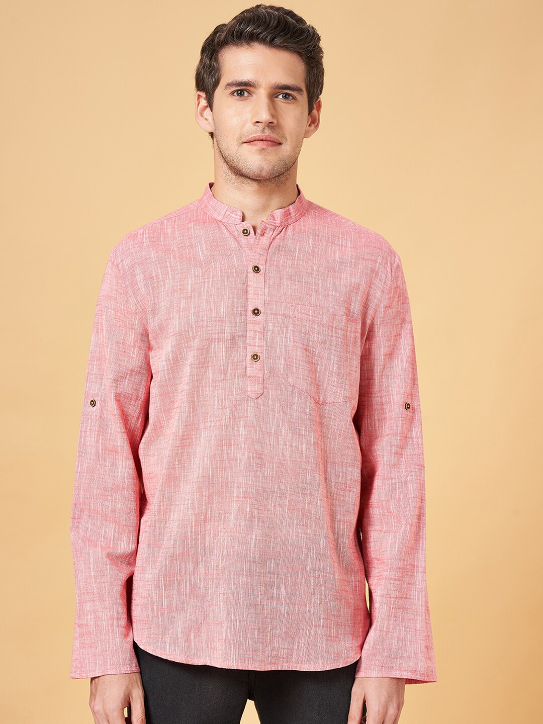 indus route by Pantaloons Mandarin Collar Cotton Kurta, Coral
