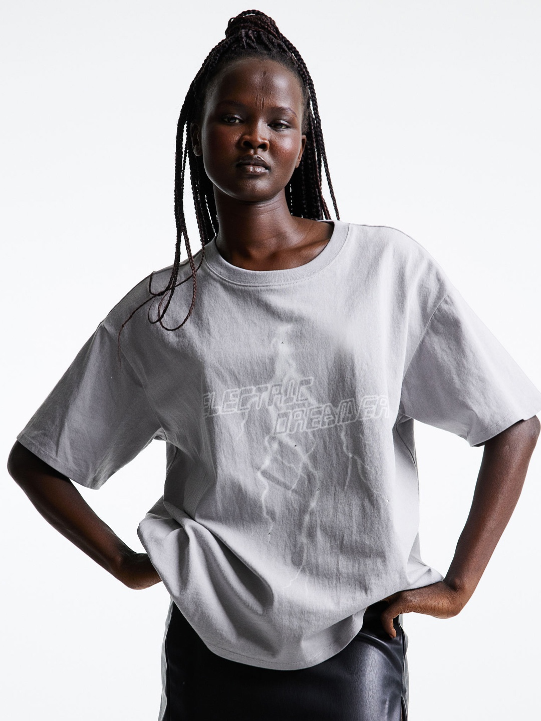 

H&M Pure Cotton Oversized Printed T-shirt, Grey