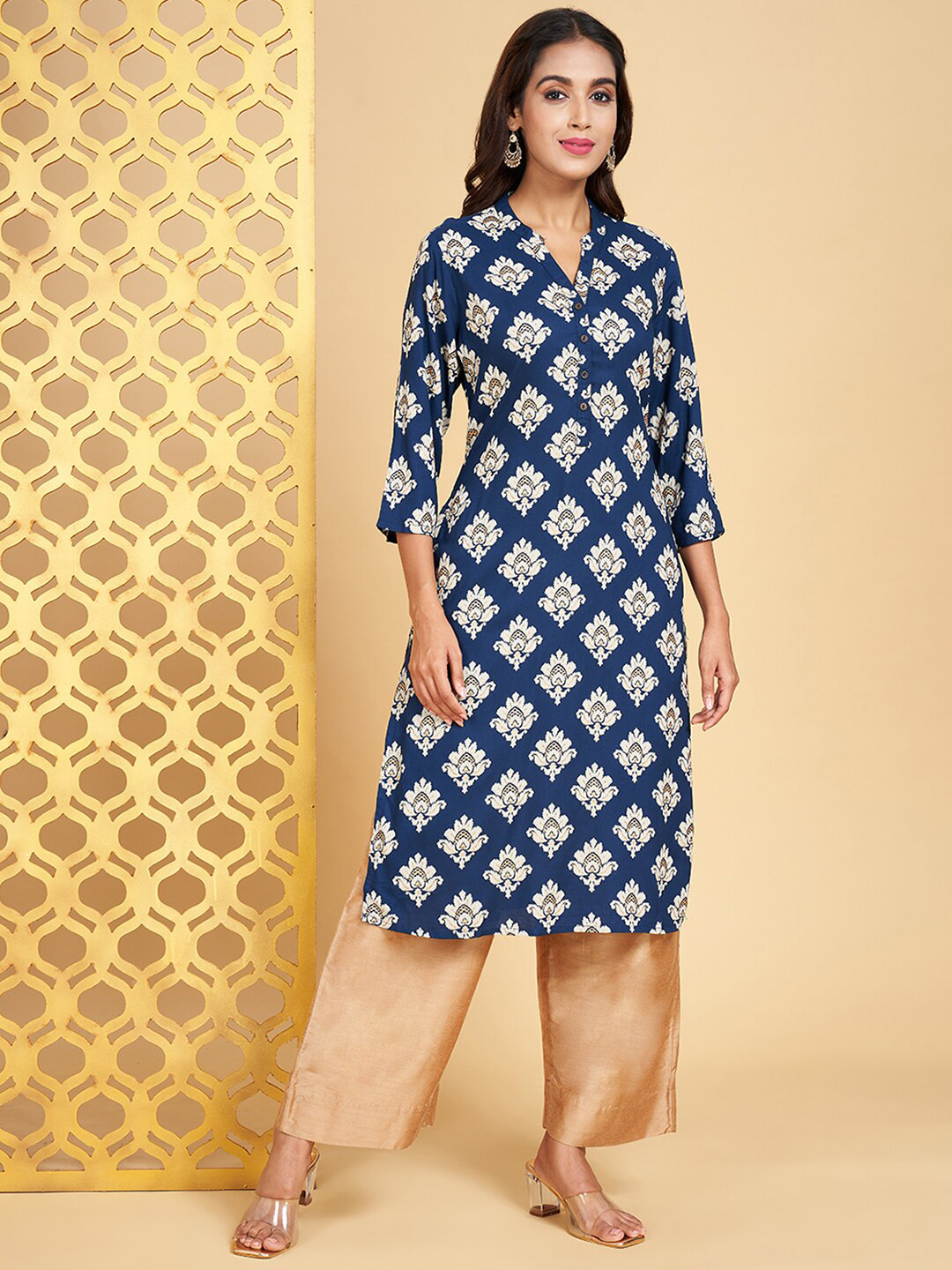 

RANGMANCH BY PANTALOONS Ethnic Motifs Printed Straight Kurta, Blue