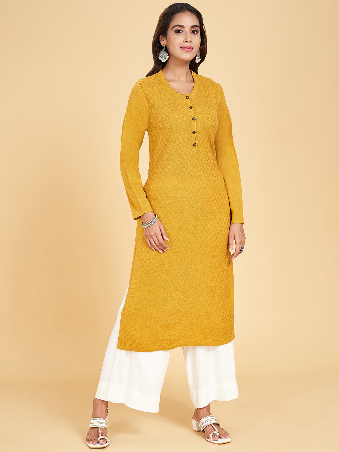 

RANGMANCH BY PANTALOONS Geometric Woven Design Acrylic Straight Kurta, Mustard