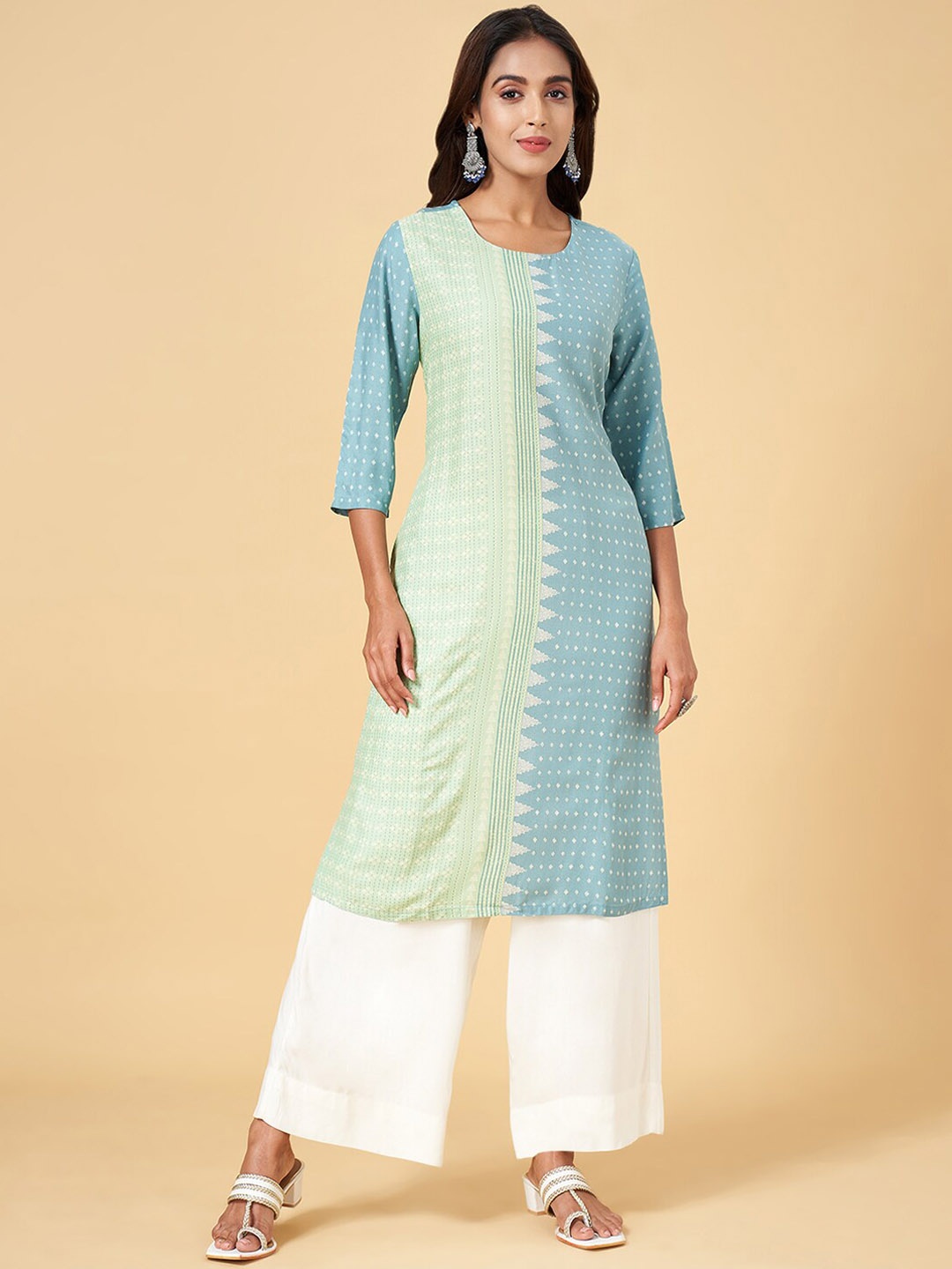 

RANGMANCH BY PANTALOONS Geometric Printed Straight Kurta, Blue