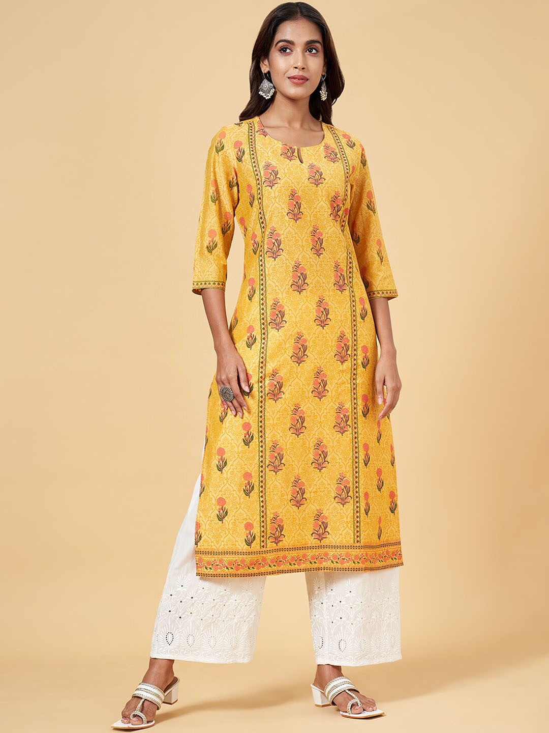 

RANGMANCH BY PANTALOONS Ethnic Motifs Printed Straight Kurta, Yellow