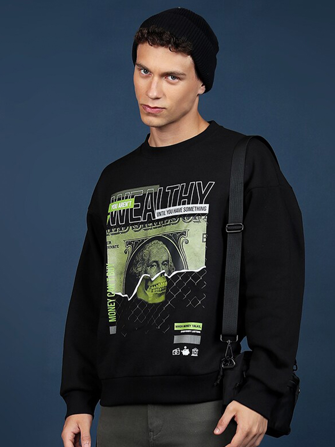 

HIGHLANDER Graphic Printed Drop Shoulder Sleeves Oversized Sweatshirt, Black