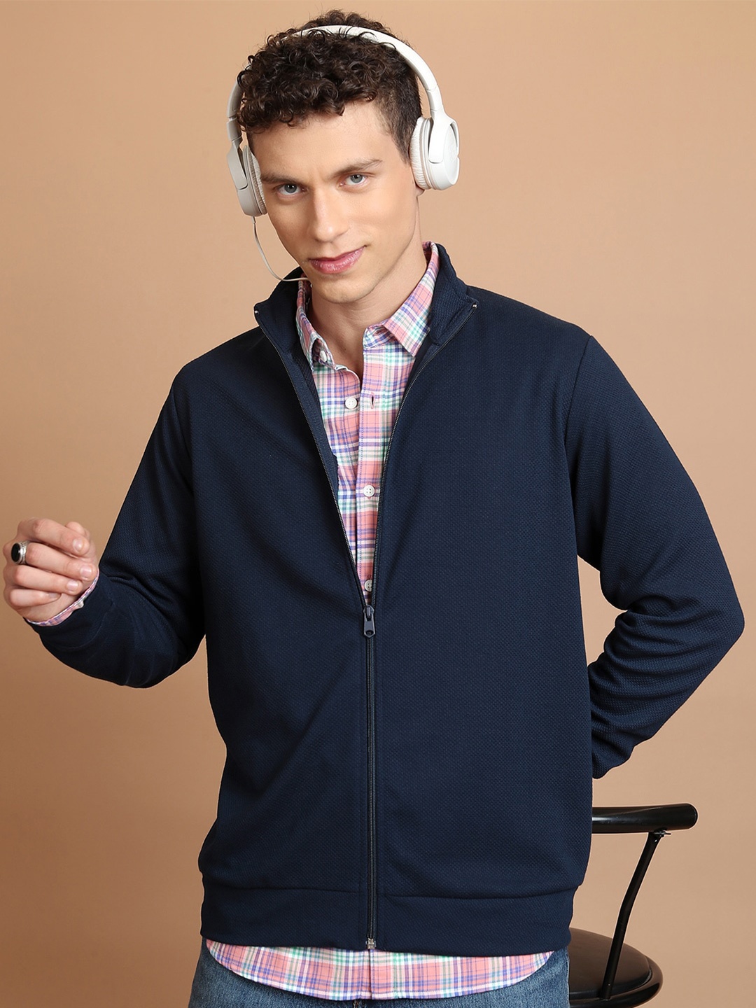 

HIGHLANDER High Neck Front Open Sweatshirt, Navy blue