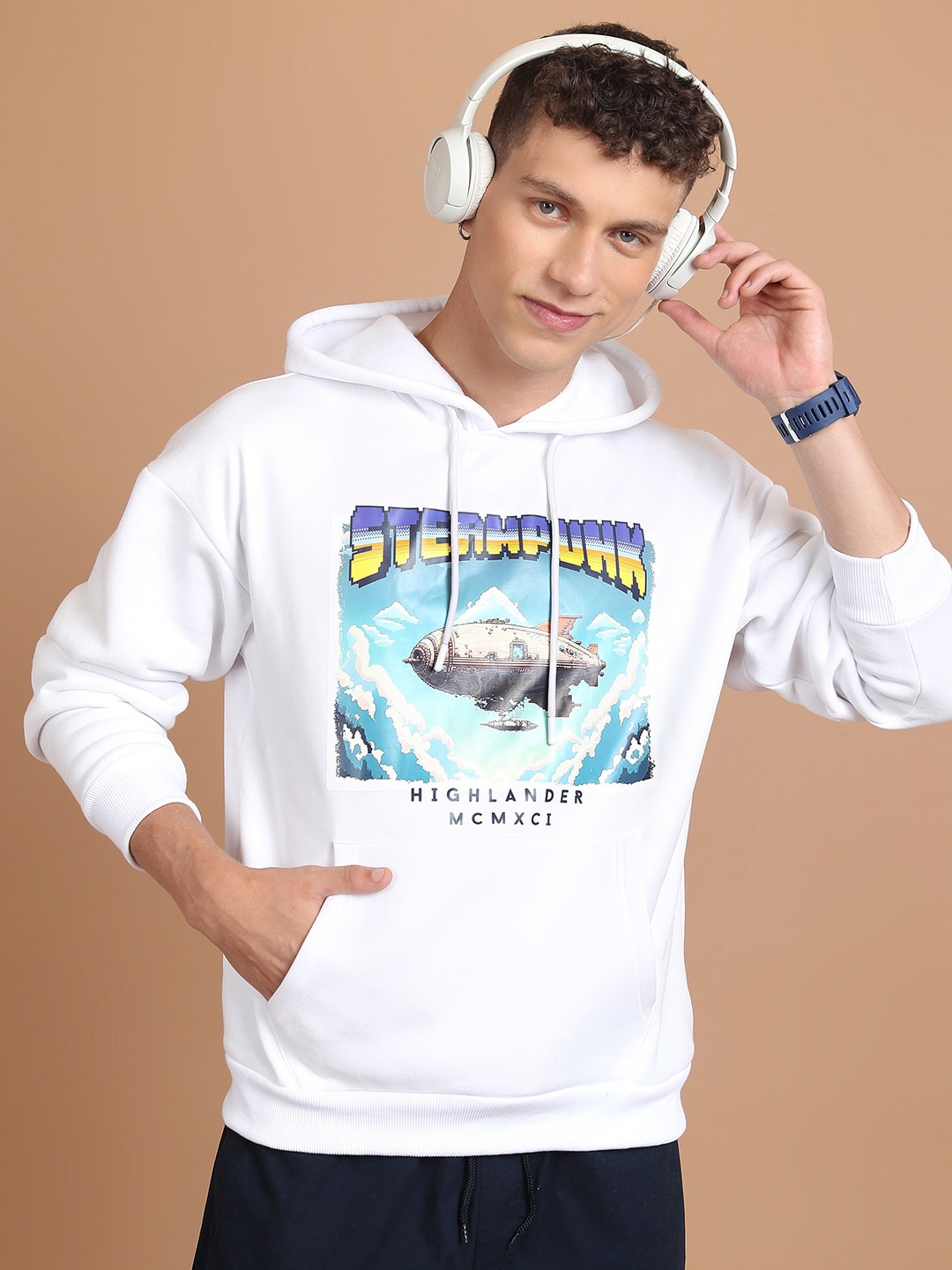 

HIGHLANDER Graphic Printed Relaxed Hooded Pullover Sweatshirt, White